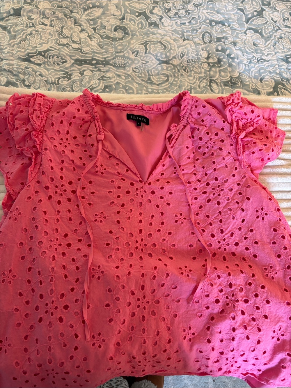 1. State Hot Pink Eyelet V-Neck Ruffle Sleeve Blouse